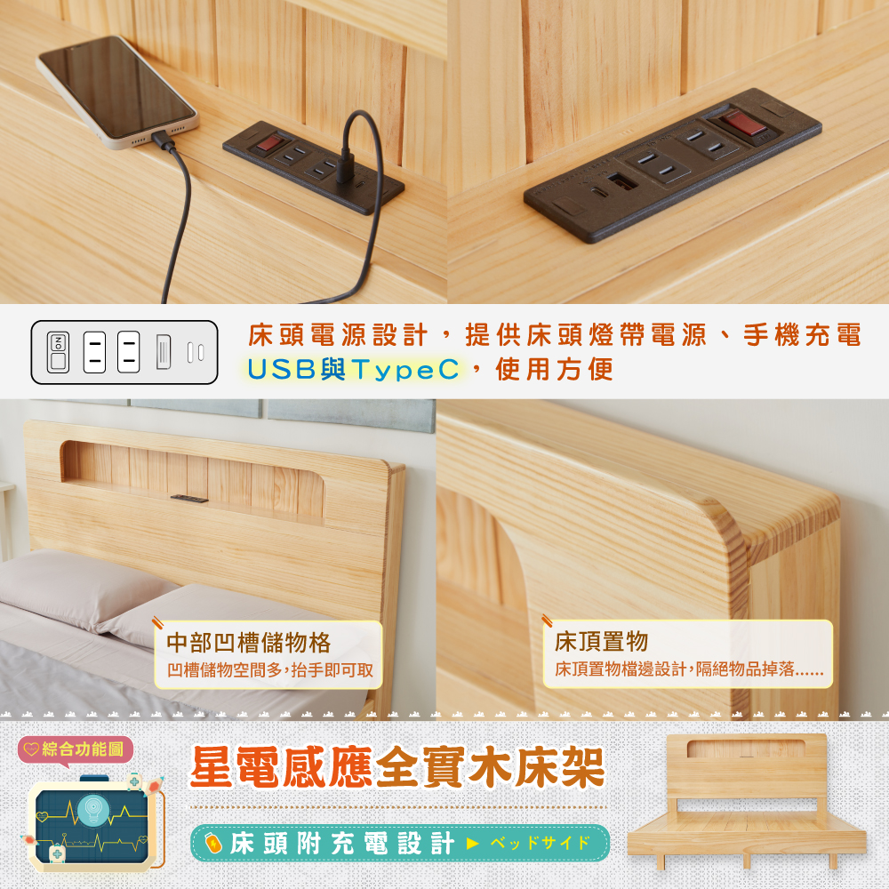 5尺星電感應-全實木床頭箱-原木色（床頭附充電設計）